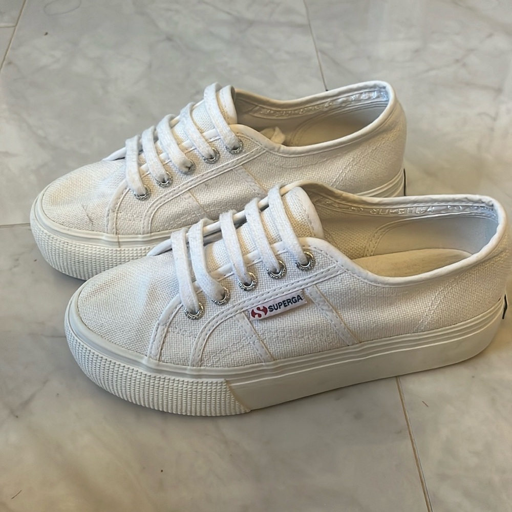 Superga White Canvas Platform Sneakers
